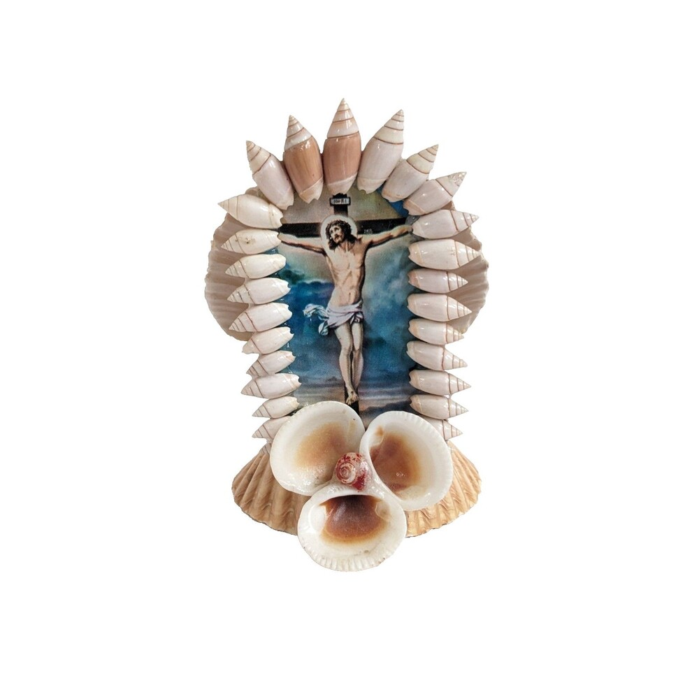 Shell Grotto Crucifix Jesus Christ Seashell Religious‎ Folk Art Coastal Decor